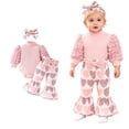 thumbnail image 1 of Baby Girl Valentines Outfit Long Sleeve Heart Print Romper Bodysuit Flare Pants and Headband Set Cute Baby Girl Clothes Baby Girl Clothes 6-9 Months, 1 of 9