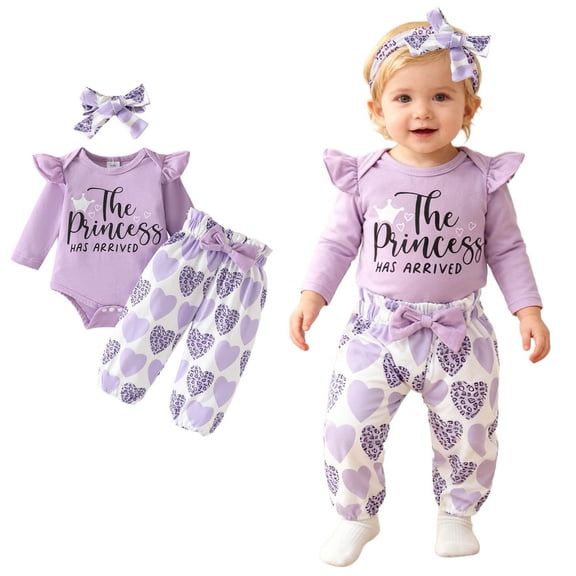 Baby Girl Valentines Outfit Long Sleeve Letter Print Ruffle Romper Bodysuit Pants and Headband Set Cute Baby Girl Outfit Outfit Girl 6-9 Months