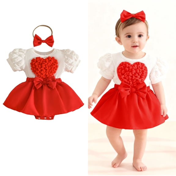 Baby Girl Valentines Outfit Short Sleeve Heart Embroidery Romper Tutu Dress with Bow Headband Set Cute Girl Outfits Baby Outfit 3-6 Months