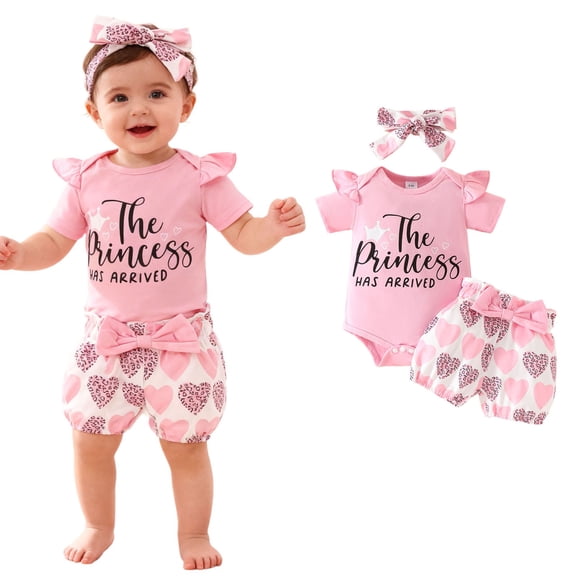 Baby Girl Valentines Outfit Short Sleeve Letter Print Romper Bodysuit Shorts and Headband Set Cute Baby Girl Clothes Baby Girl 9-12 Months Clothes