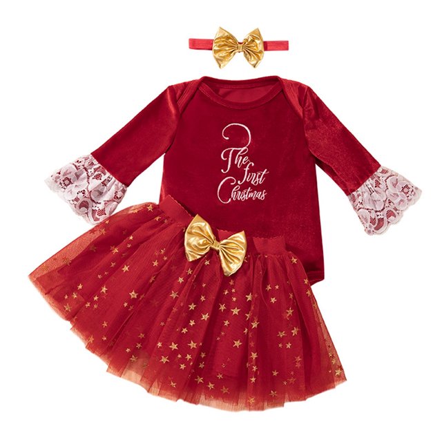 Baby Girl Velvet Red Christmas Lace Romper Tutu Skirt Outfits Clothes