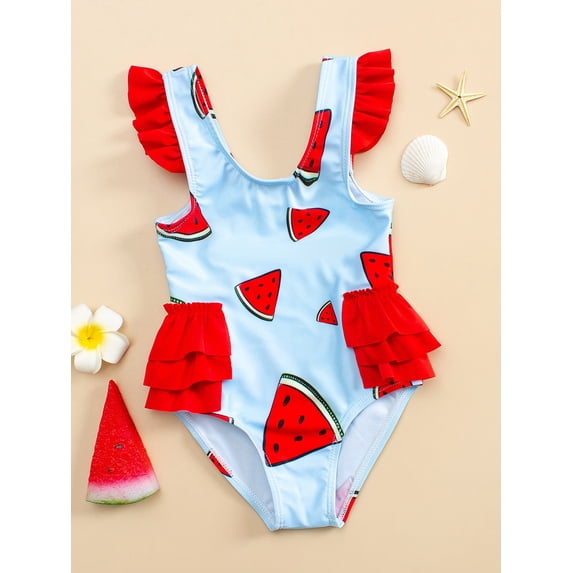 Baby Girl Watermelon Print Ruffle Trim One Piece Swimsuit