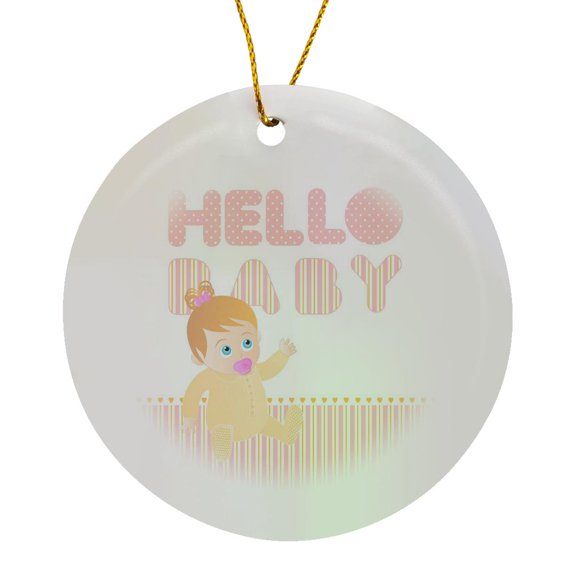 Baby Girl Waving Hand And Hello Baby Message On Pink And Yellow Stripes With Polkadots, Circle Porcelain Ornament