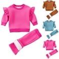thumbnail image 1 of Baby Girl Winter Outfits Sets, Toddler Solid Fleece Lined Ruffle Long Sleeve Crew Neck Sweatshirts Elastic Waist Jogger Sweatpants 2 Piece Sets, 1 of 7