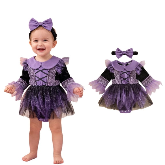 Baby Girl Witch Long Sleeve Bodysuits Tulle Tutu Skirt Romper with Bow Headband Two Piece Set Toddler Halloween Girl Size 3M-18M