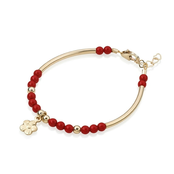 Baby Girl gold banglet bracelet with red Pearls and gold flower Charms | perfect baby shower, birthday gift (BN16)