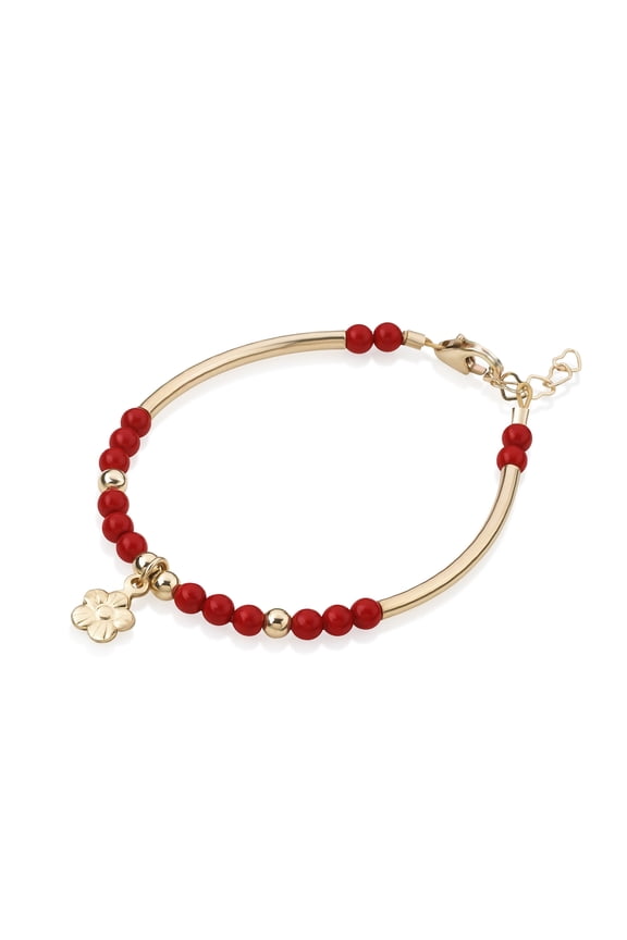 Baby Girl gold banglet bracelet with red Pearls and gold flower Charms | perfect baby shower, birthday gift (BN16)