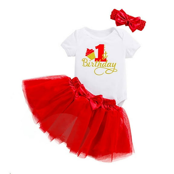 Baby Girl's 1st Birthday Outfits Set Letter Short Sleeve Romper + Tutu Skirt & Hair Bow | Cute Photoshoot Party Dress Summer Cotton Blend Versatile Dailywear 6-12 Months