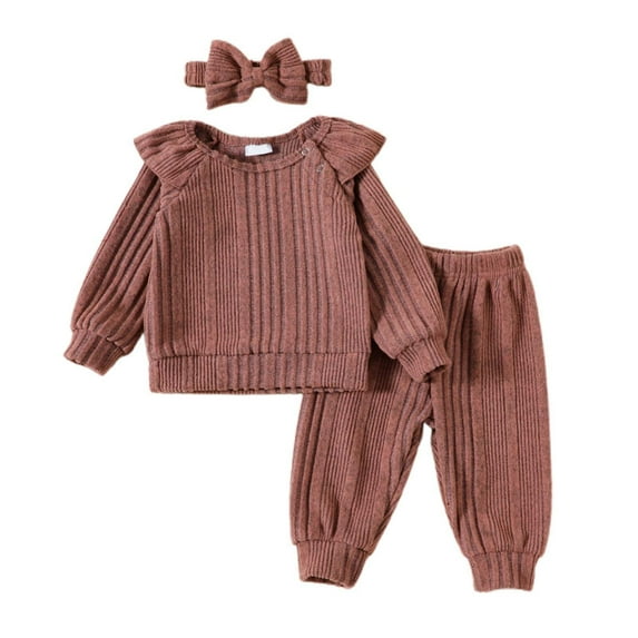 Baby Girl's 3 Piece Outfits Crewneck Flying Sleeve Solid Color Pullover Sweatshirt Set Warm Cute Casual Fashion Headwear Outfits,Z6-Pink,6-12 Months