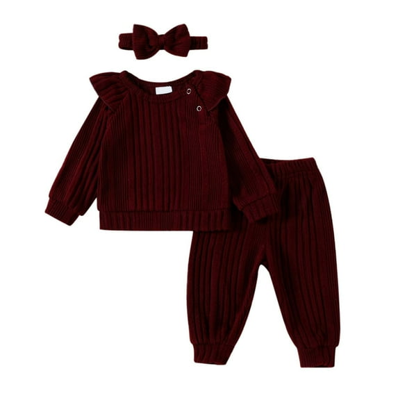 Baby Girl's 3 Piece Outfits Crewneck Flying Sleeve Solid Color Pullover Sweatshirt Set Warm Cute Casual Fashion Headwear Outfits,Z6-Red,0-6 Months