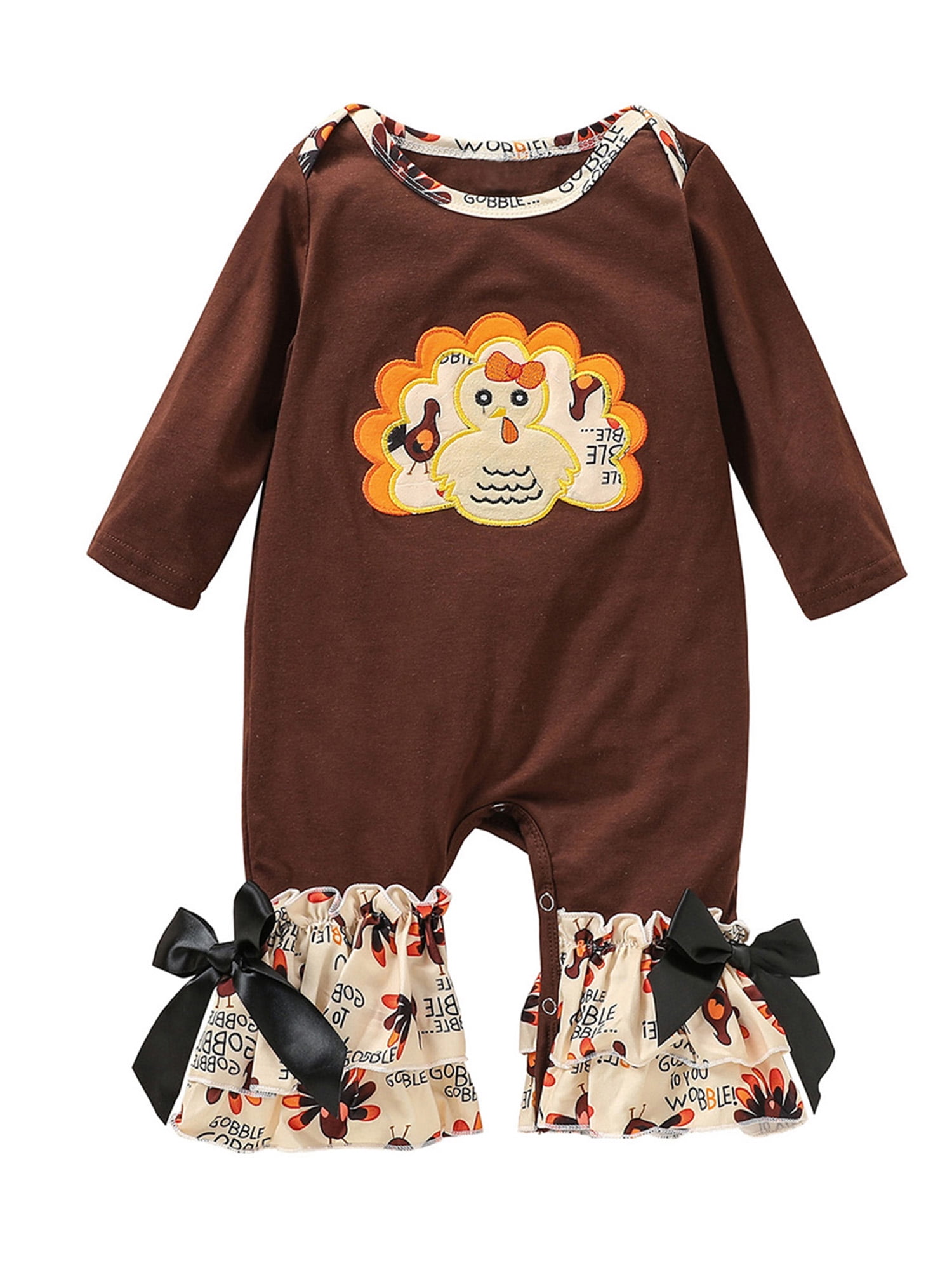 Baby Girl’s Casual Long Sleeve Jumpsuit Cartoon Turkey Embroidery Round