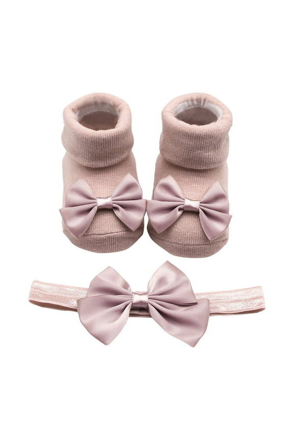 Baby Girl's Cute Bow Soft Sole Walking Sock Boots Toddler Breathable Non Slip Barefoot Shoes And Bow Hairband