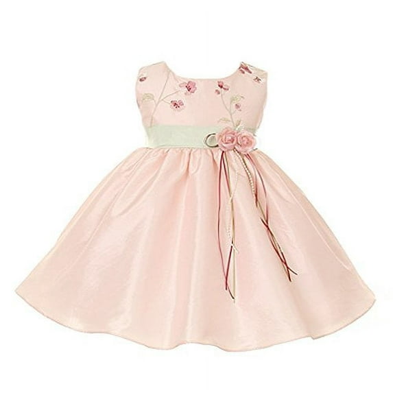 Baby Girl's Elegant Taffeta Dress with Delicate Embroidery pinksage size XL