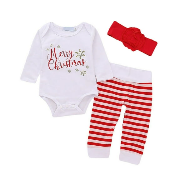 Baby Girl's First Christmas Outfit Set Festive Letter Print Romper with Striped Pants and Headband Holiday Ensemble Kids Girls Clothes Stylish Clothing Sets 2 Piece Outfits