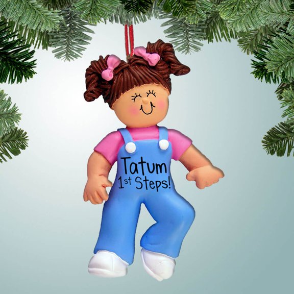 Baby Girl's First Steps - Brown Hair - Personalized Ornament - Baby's First Christmas - 1st Xmas - Perfect Stocking Stuffer - Great Gift Ideas