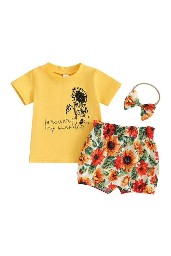 Children Outfits Summer Baby Clothes Girls Baby Sunflower Print Short Sleeve Shorts Headscarf 3Pcs Set Holiday Vacation Clothes For Child