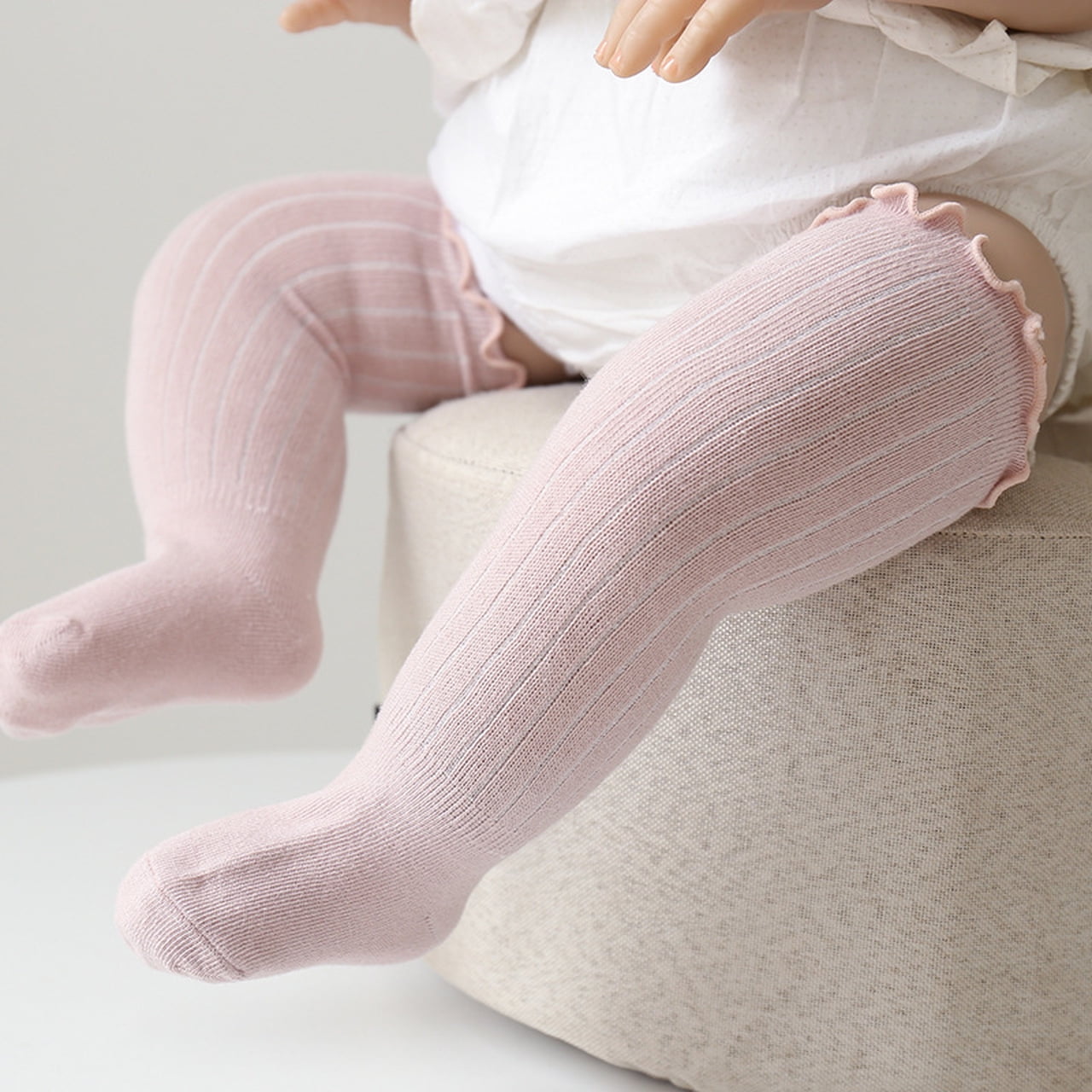 Baby Girl's Pink Ruffle Top Knee High Socks, Knit Knee High