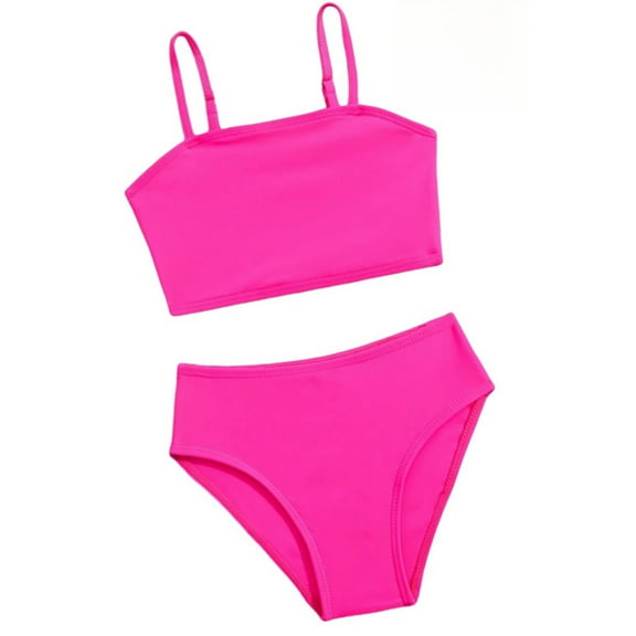 Baby Girl's Toddler Swimsuit Bikini Set Kids Solid Color Cutout Bathing Suit Fashion Top 2 Piece Girls' Swimwear,Hot Pink,5-6 Years