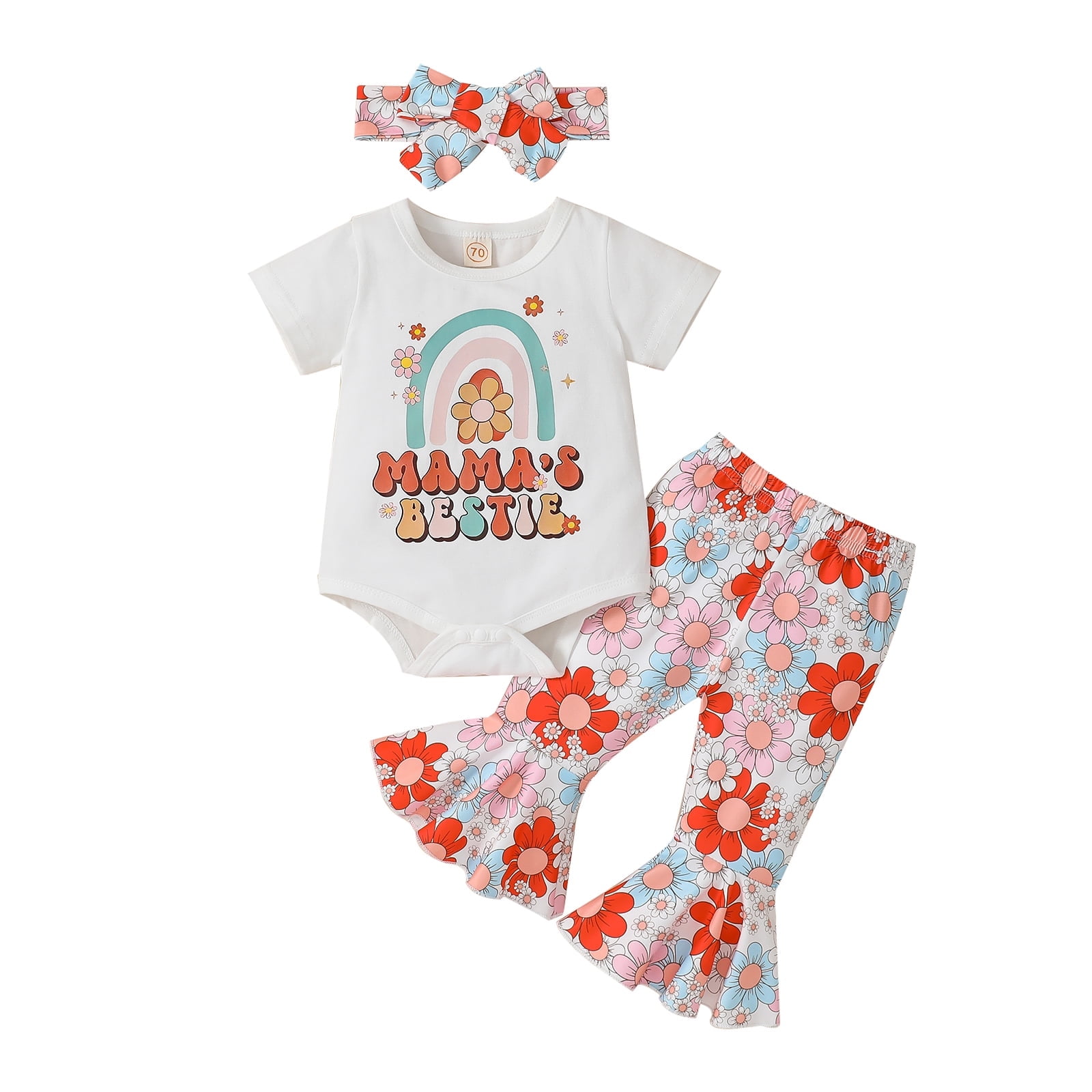 Baby Girls 0-18 Months Flower Rainbow Romper and Flared Pants Outfit Clothing Sets 0-3 Months