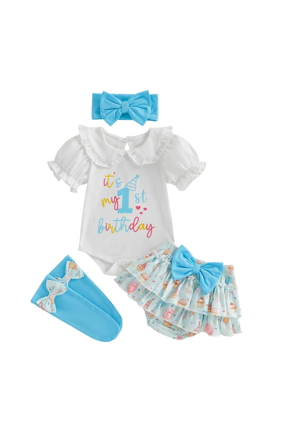 Baby Girls 1st Birthday Clothes One Year Old Outfit Puff Sleeve Romper Bodysuit Bow Tutu Shorts Headband Socks 4Pcs Set White 12-18 Months