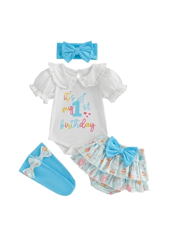 Baby Girls 1st Birthday Clothes One Year Old Outfit Puff Sleeve Romper Bodysuit Bow Tutu Shorts Headband Socks 4Pcs Set White 6-12 Months