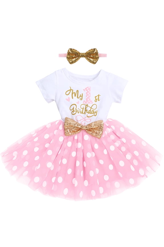 Baby Girls My 1st First Birthday Dress Cake Smash Outfit One Year Old Party Cotton Short Sleeve Polka Dots Tutu Dress with Sequin Bowknot Headband Set Summer Clothes