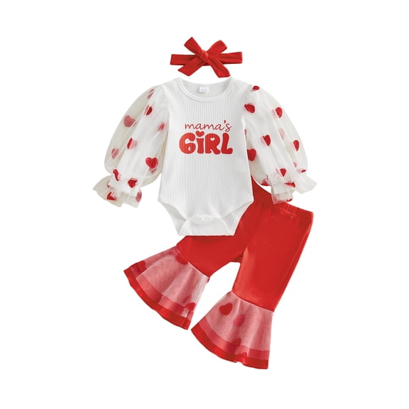 Baby Girls 1st Valentines Day Outfit Lace Long Sleeve Letters Heart Romper Flare Pants Headband Set