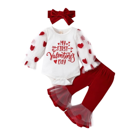 Baby Girls 1st Valentines Day Outfit Lace Long Sleeve Letters Heart Romper Flare Pants Headband Set