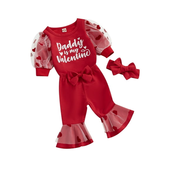 Baby Girls 1st Valentines Day Outfit Lace Long Sleeve Letters Heart Romper Flare Pants Headband Set