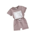 thumbnail image 1 of Baby Girls 2 Piece Outfit Letter Print Short Sleeve T-Shirt and Elastic Shorts Set Summer Clothes, 1 of 9