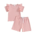 thumbnail image 1 of Baby Girls 2 Piece Outfit Solid Color Ribbed Ruffle Short Sleeve T-Shirt and Elastic Shorts Set Summer Clothes, 1 of 10
