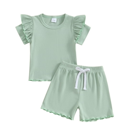 Baby Girls 2 Piece Outfit Solid Color Ribbed Ruffle Short Sleeve T-Shirt and Elastic Shorts Set Summer Clothes