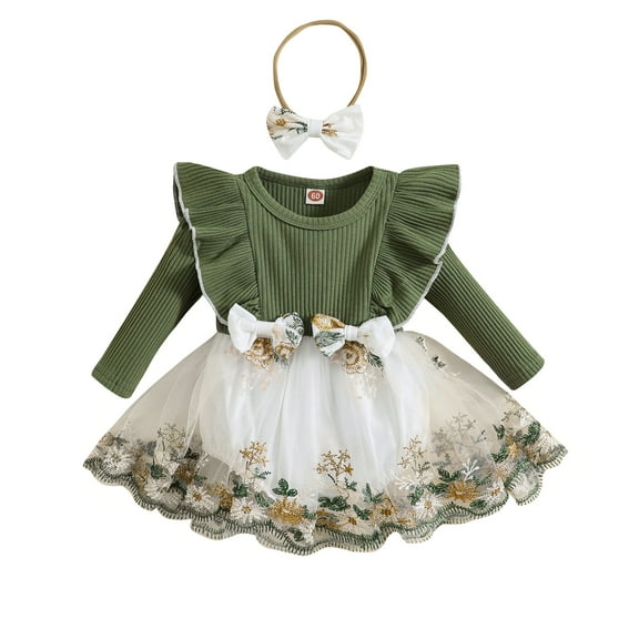 Baby Girls 2 Piece Outfits 3 6 12 18 24M Embroidery Long Sleeves Romper Dress and Cute Headband for Toddler Infant Fall