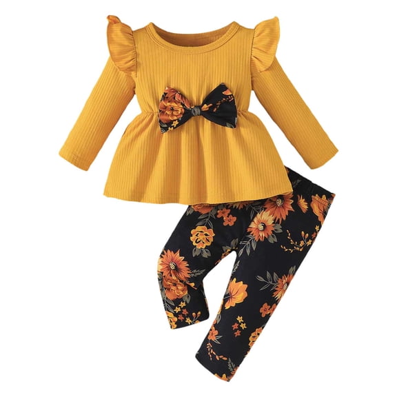 Baby Girls 2 Piece Outfits Butterfly Graphic Printed Long Sleeve Clothes Printed Trousers Casual Toddler Outfits for Girls，Yellow，9-12 Months