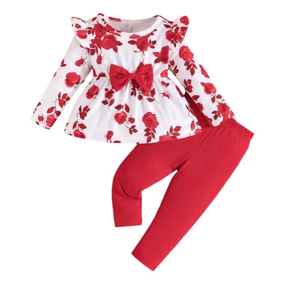 Baby Girls 2 Piece Outfits Floral Graphic Printed Long Sleeve Baby Girl Clothes Solid Trousers Casual Toddler Outfits for Girls,Red,12-18 Months