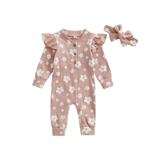 Baby Girls 2 Piece Outfits Floral Print Ribbed Long Sleeves Romper Jumpsuit and Cute Headband for Toddler Infant Fall