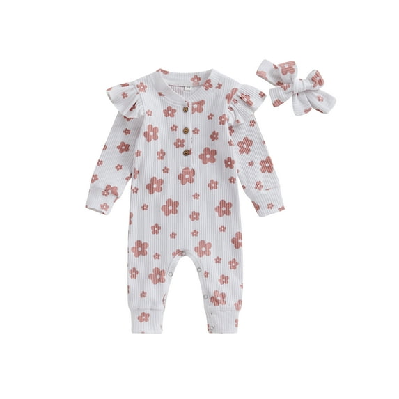Baby Girls 2 Piece Outfits Floral Print Ribbed Long Sleeves Romper Jumpsuit and Cute Headband for Toddler Infant Fall