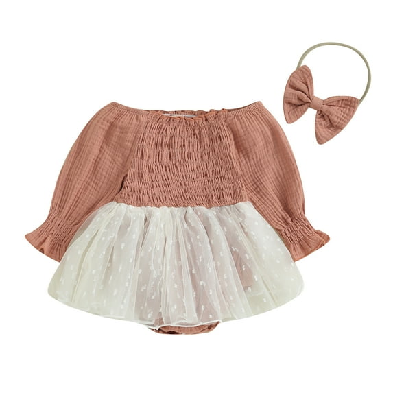 Baby Girls 2 Piece Outfits Mesh Patchwork Long Sleeves Romper Dress and Cute Headband Set for Toddler Infant