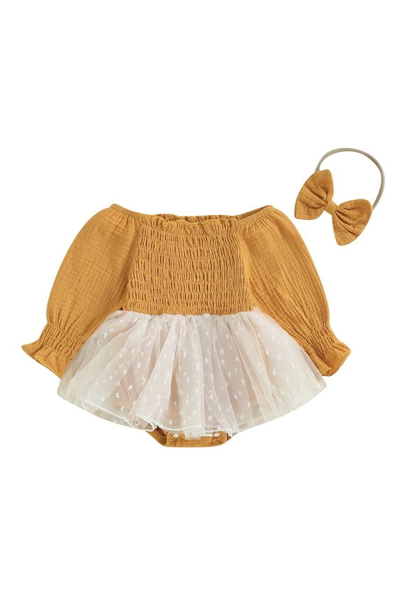 Baby Girls 2 Piece Outfits Mesh Patchwork Long Sleeves Romper Dress and Cute Headband Set for Toddler Infant