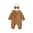 thumbnail image 1 of Baby Girls 2 Piece Outfits Solid Color Ruffles Button Long Sleeve Romper and Cute Headband Set, 1 of 8
