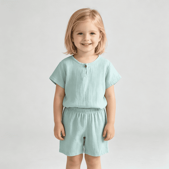Baby Girls 2-Piece Soft Clothing Set, Short Sleeve Henley Top & Elastic Waist Shorts, Green,Size 0-1T