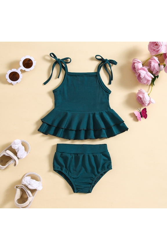 Baby Girls 2-Piece Swimsuit Ribbed Knit Ruffle Trim Solid Color Romper Bikini Bathing Suit For Infant Kids