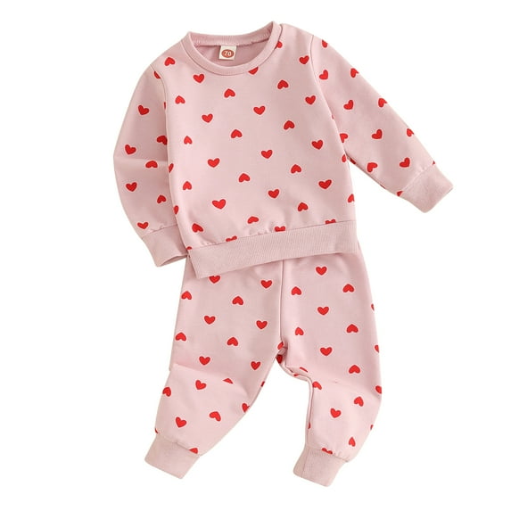 Baby Girls 2-piece Outfit, Heart Print Long Sleeve Crew Neck Sweatshirt with Elastic Waist Sweatpants 6 12 18 24M 3T Fall Clothes