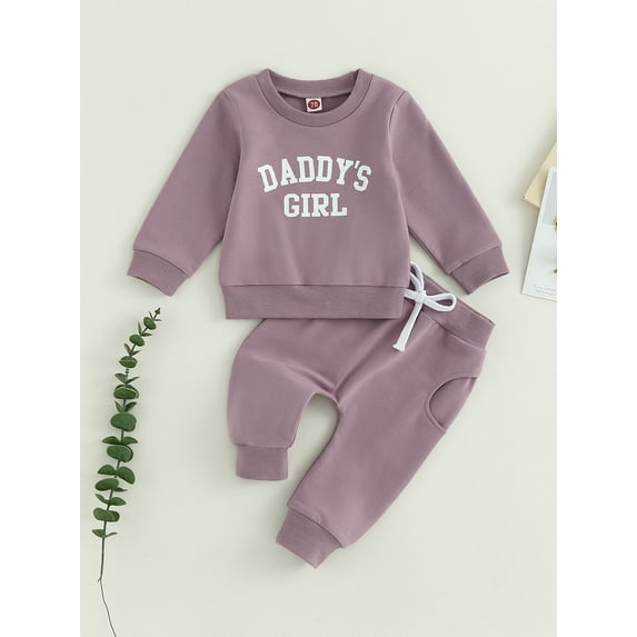 Baby Girls 2-piece Outfit, Letters Print Long Sleeve Crew Neck Sweatshirt with Elastic Waist Sweatpants Fall Clothes