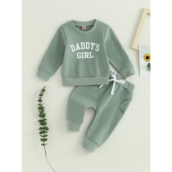 Baby Girls 2-piece Outfit, Letters Print Long Sleeve Crew Neck Sweatshirt with Elastic Waist Sweatpants Fall Clothes