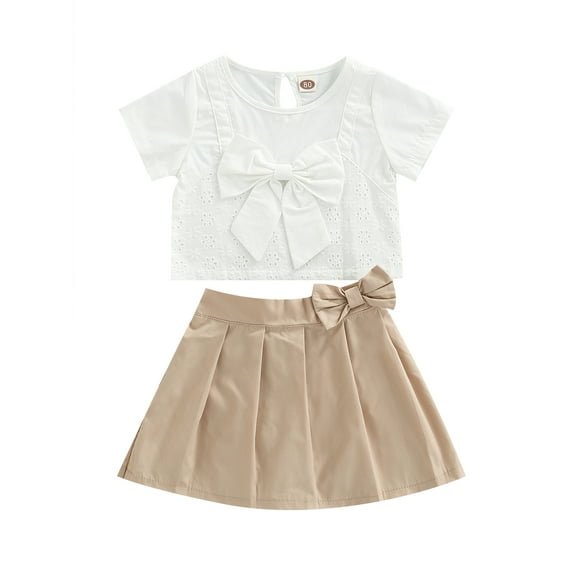 Baby Girls 2PCS Clothes Set Round Neck Short Sleeve Bowknot Tops + Solid Color Skirt Set