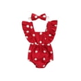 thumbnail image 1 of Baby Girls 2Pcs Summer Outfits, Fuzzy Dots Pattern Ruffle Sleeve Backless Romper + Headband Set, 1 of 8