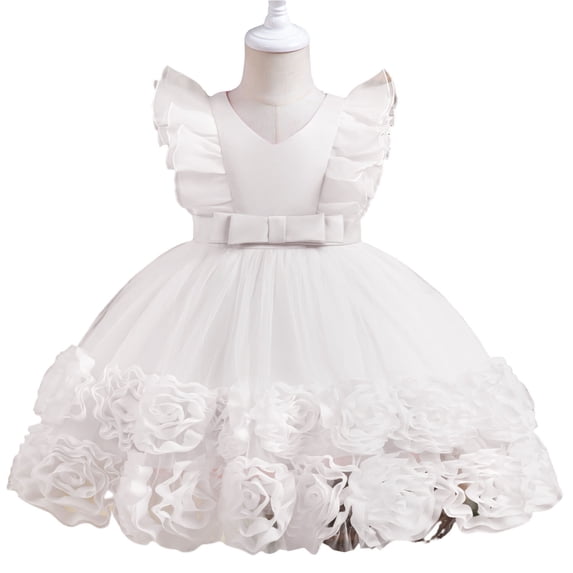 Baby Girls 3D Flower Dress Bowknot Pageant Party Wedding Birthday Gown, 12M-5T