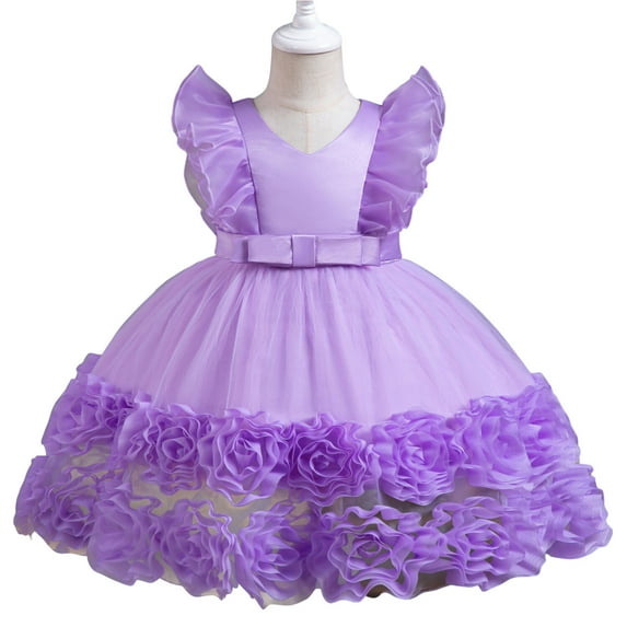 Baby Girls 3D Flower Dress Bowknot Pageant Party Wedding Birthday Gown, 12M-5T