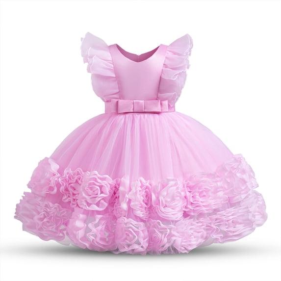 Baby Girls 3D Flower Dress Bowknot Pageant Party Wedding Birthday Gown, 12M-5T